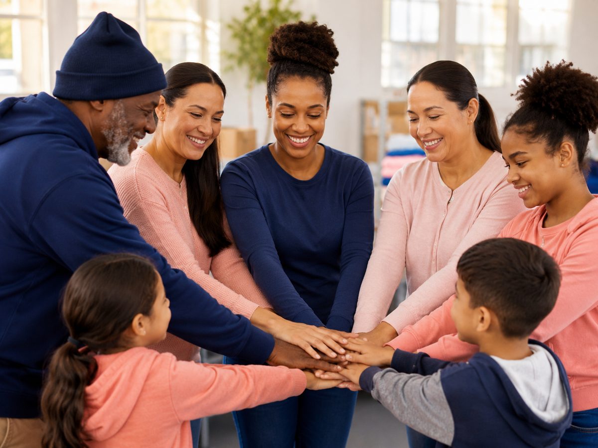 Volunteers, families, and children joining hands together in a circle of community support