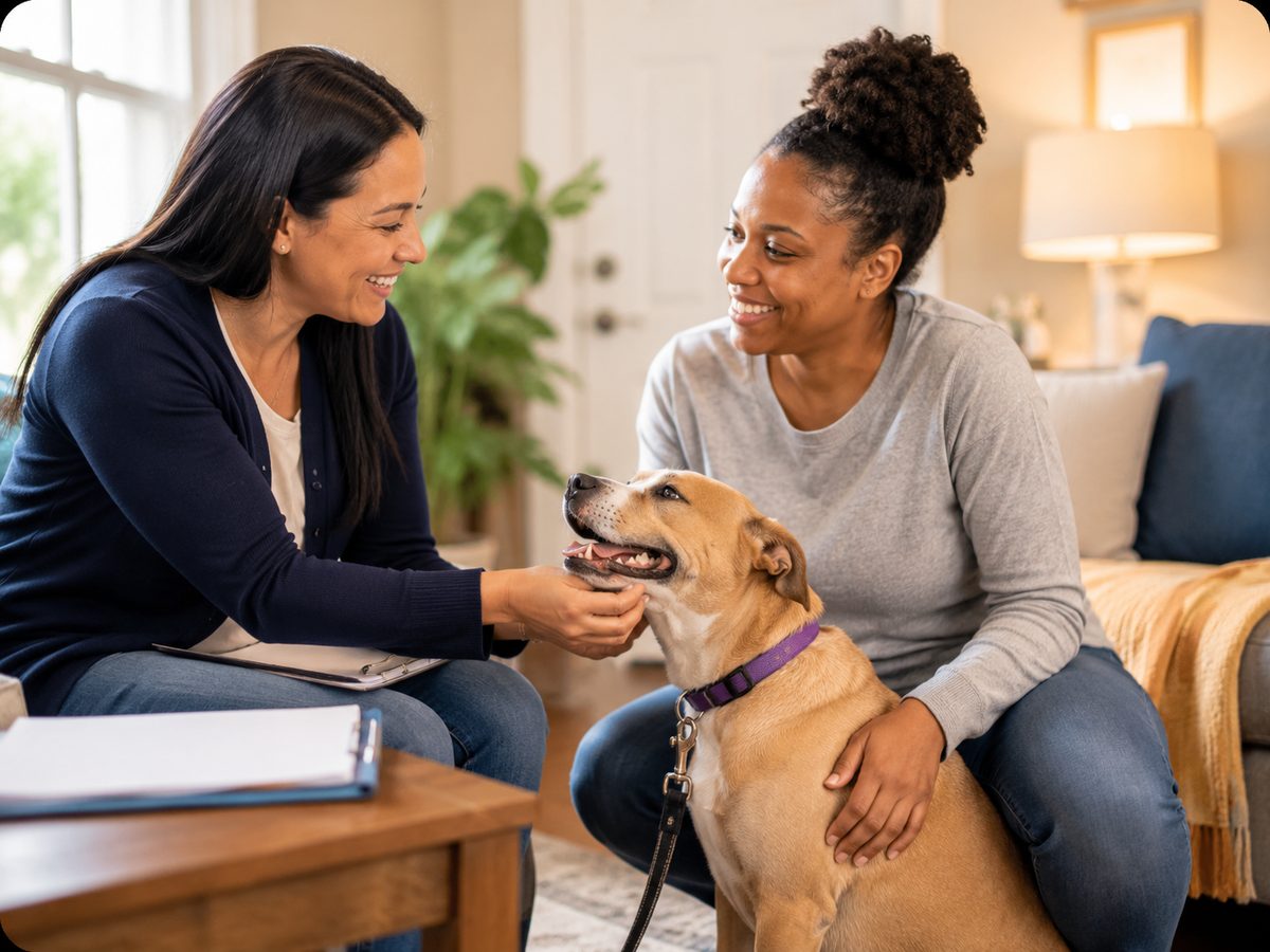 A Circle of Love case manager greeting a woman and her dog during an emergency housing intake, keeping owner and companion animal together