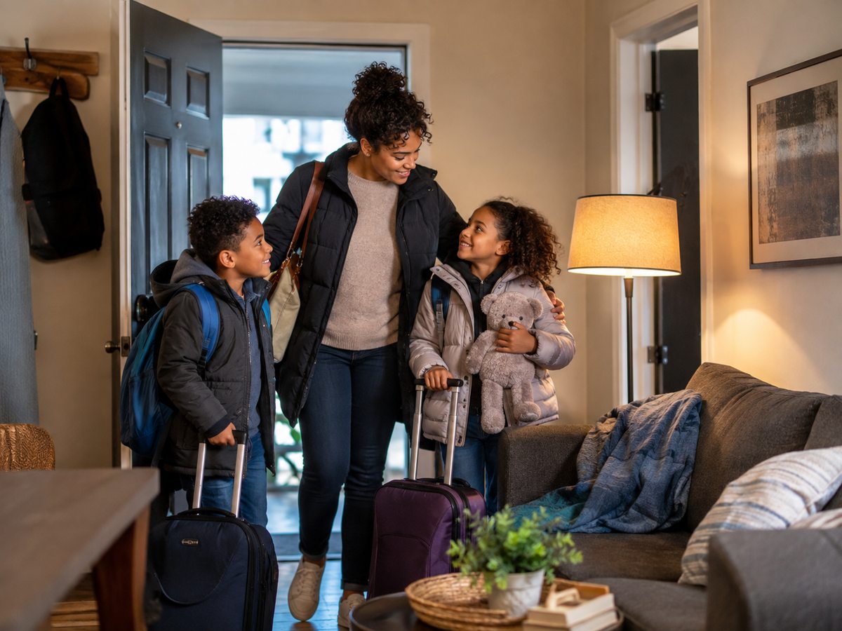 A mother and her two children arriving with suitcases at safe temporary emergency housing provided through A Circle of Love