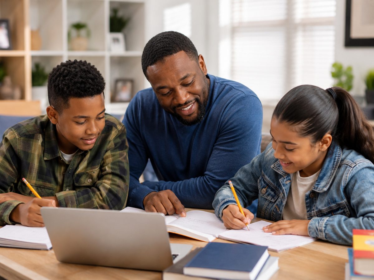 A father helping two students with homework, reflecting A Circle of Love family and student support
