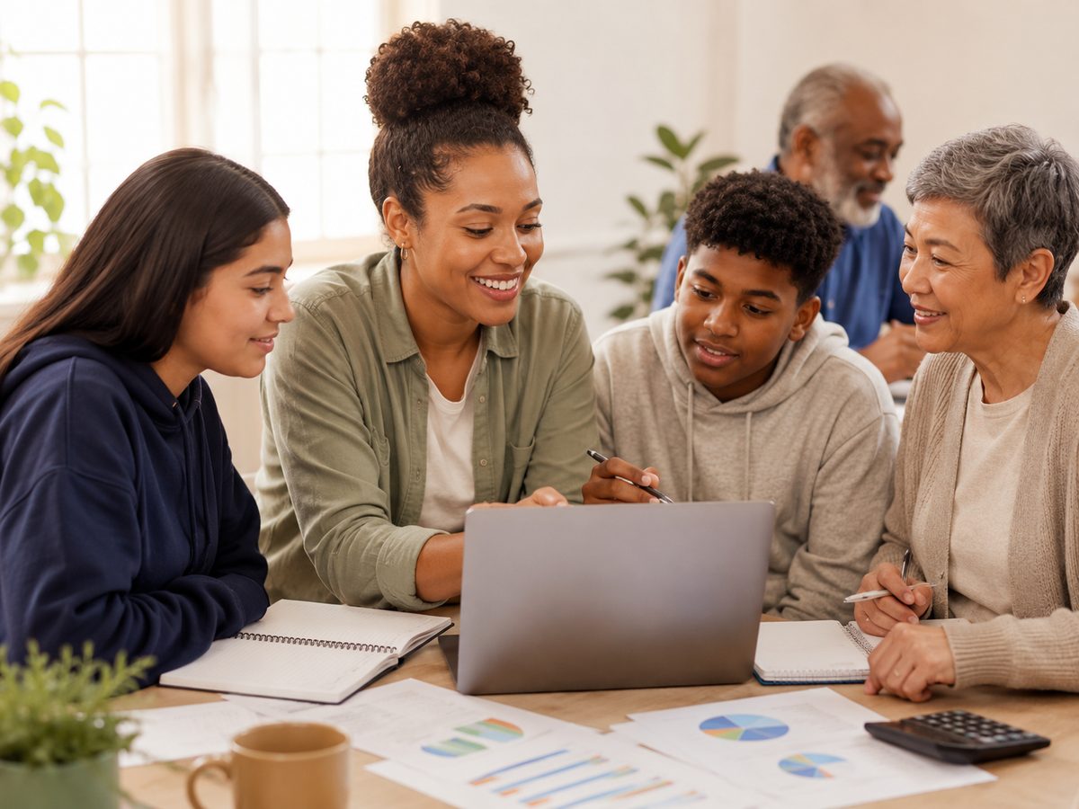 Youth and adults learning financial literacy together at a laptop during an education workshop