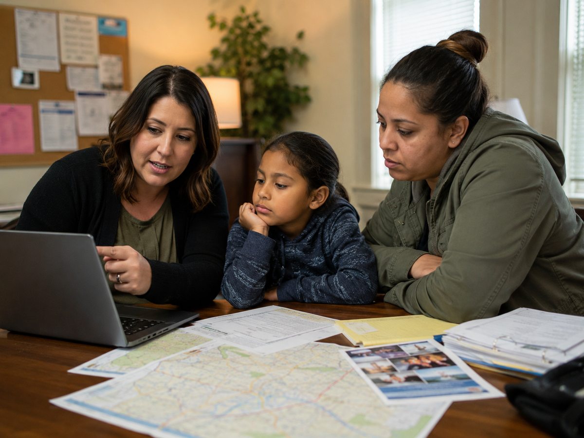 An A Circle of Love case manager reviewing housing options and community resources with a mother and her daughter