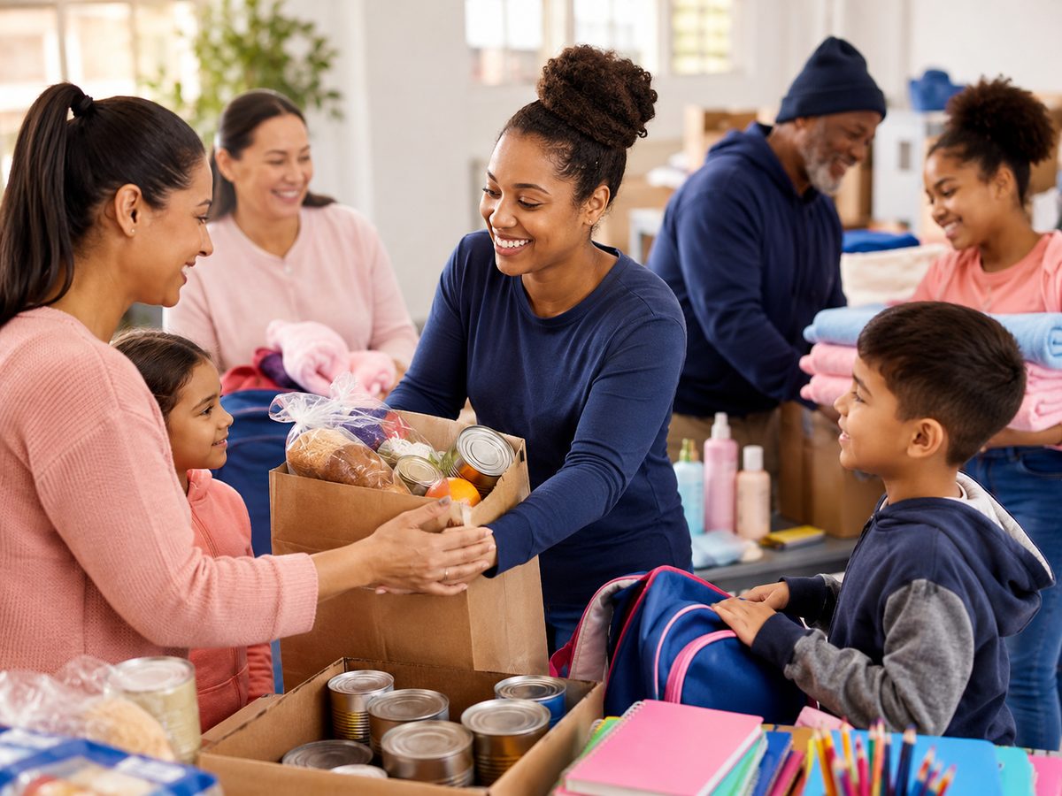 Volunteers handing groceries and supplies to families at an A Circle of Love outreach event