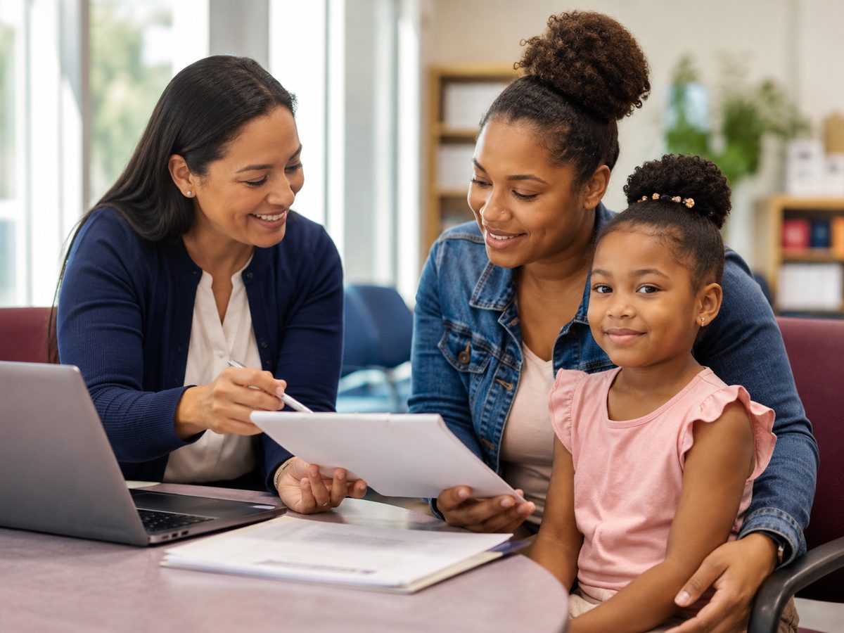 A Circle of Love team member helping a mother and daughter connect with community resources